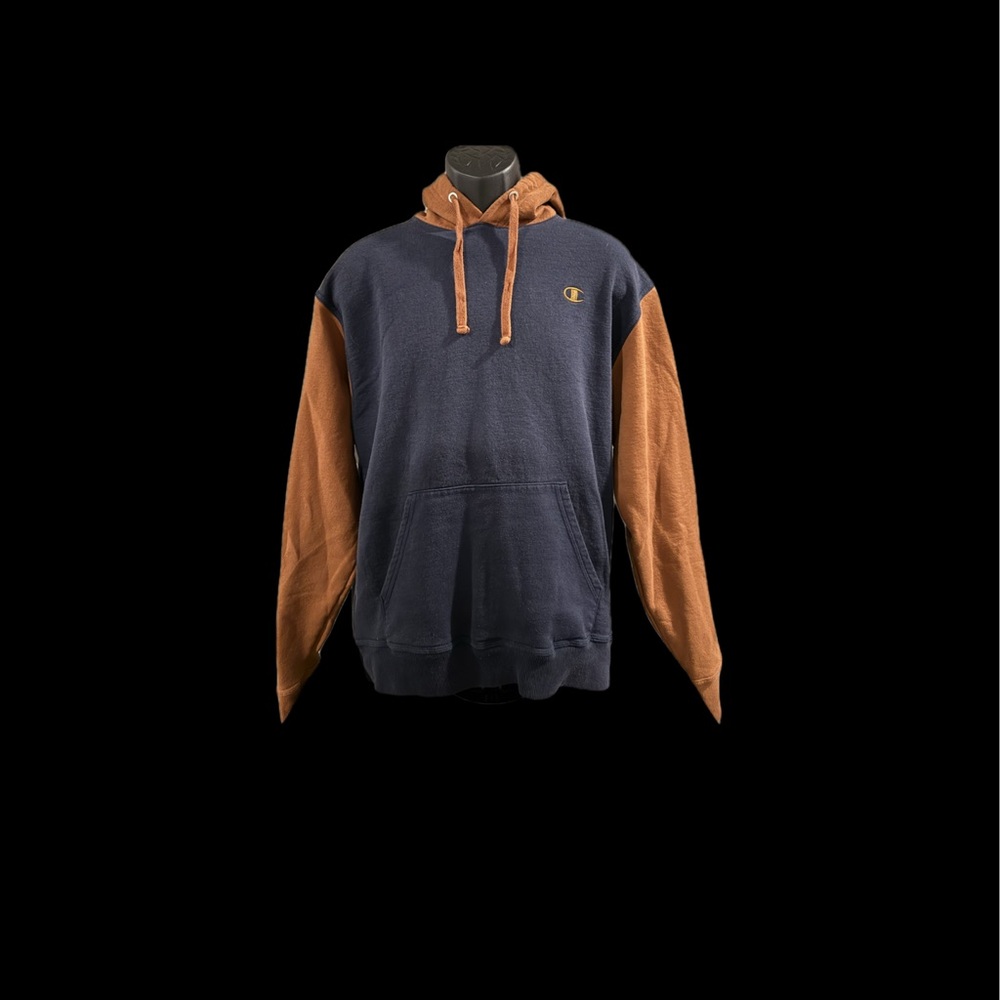 Champion Powerblend Fleece Hoodie Embroidered Logo Pullover Blue/Tan Mens Size L